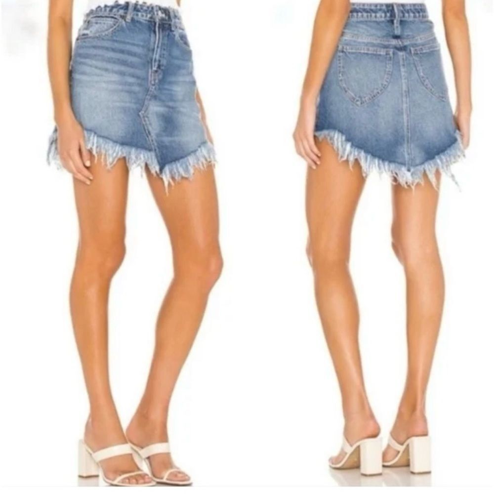Free People We The Free Bailey Fringe Denim Mini Skirt asymmetric size 26